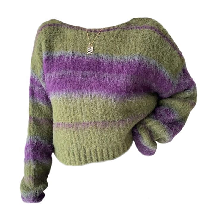 Cozy Striped Sweater - Free Size / Green/purple - Sweater