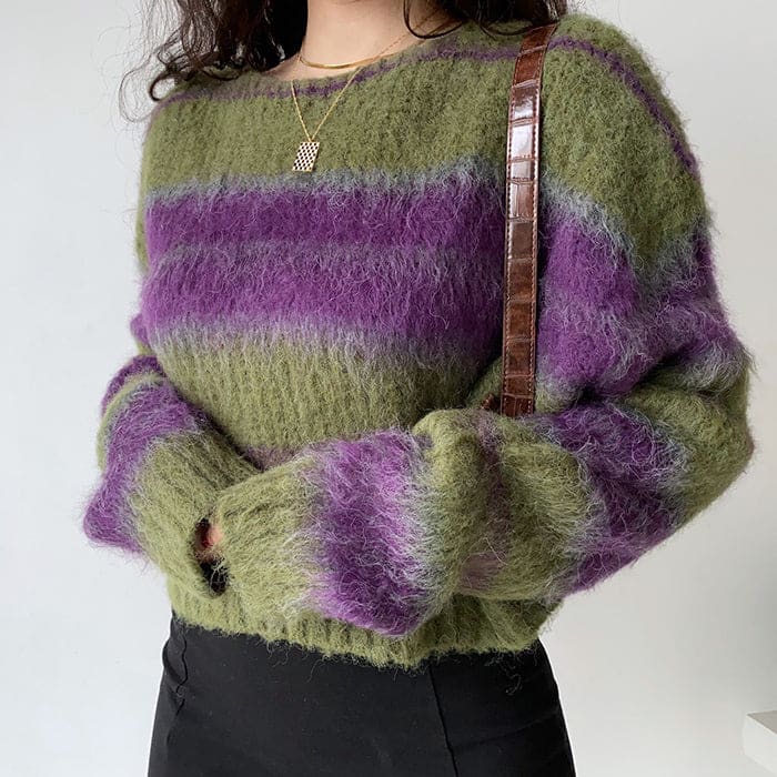 Cozy Striped Sweater - Free Size / Green/purple - Sweater