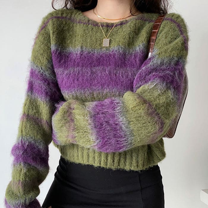 Cozy Striped Sweater - Free Size / Green/purple - Sweater