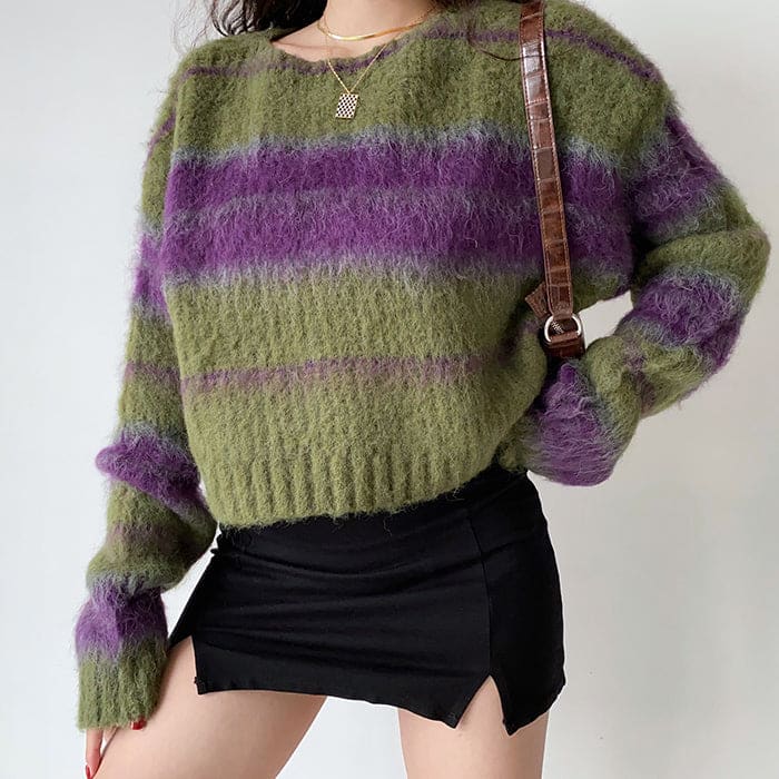 Cozy Striped Sweater - Free Size / Green/purple - Sweater