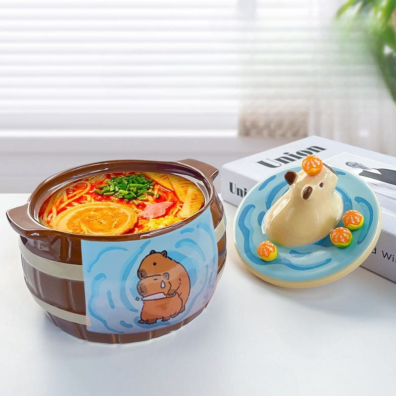 Creative Bathing Capybara Ramen Ceramic Bowl - Brown(no