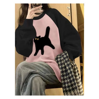 Crew Neck Cat Accent Raglan Sweatshirt