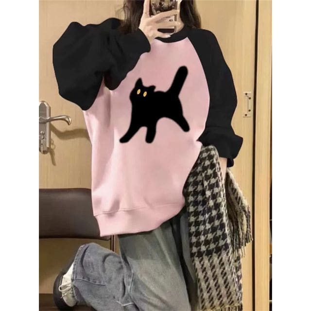 Crew Neck Cat Accent Raglan Sweatshirt - Black & Pink / M