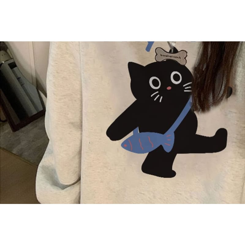 Crew Neck Cat Print Sweatshirt