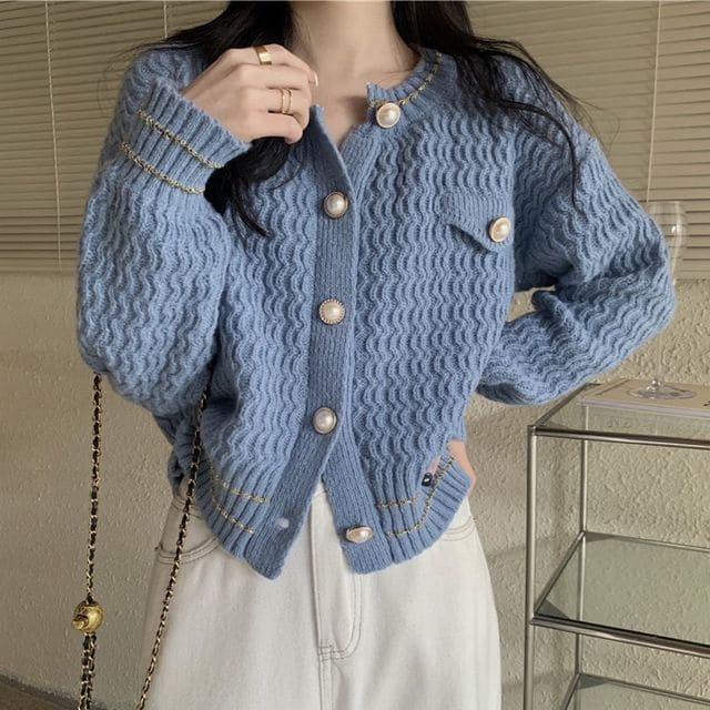 Crew Neck Contrast Trim Cardigan