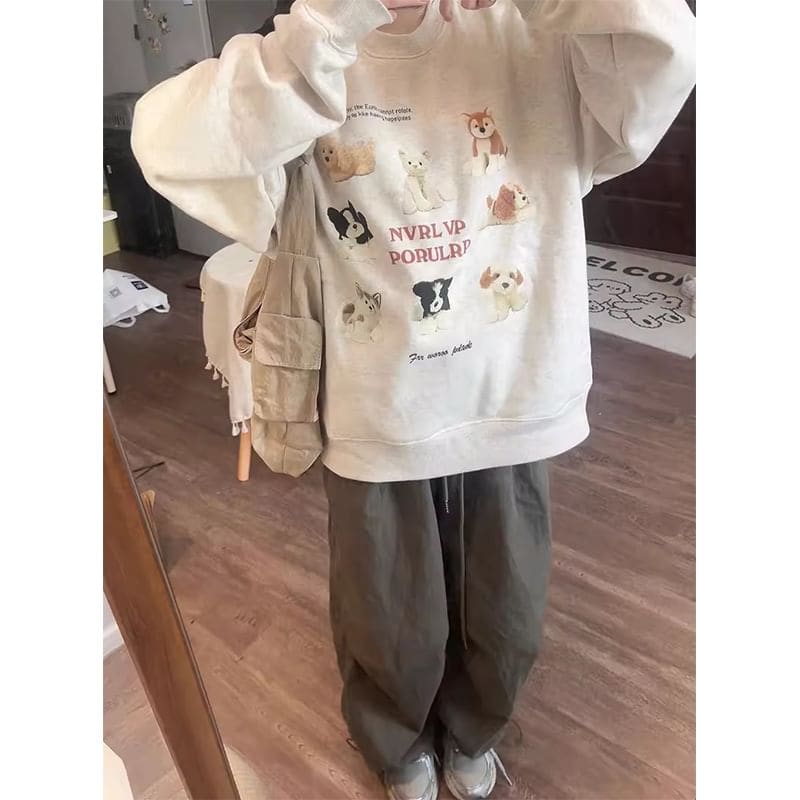 Crew Neck Dog Print Oversized Pullover