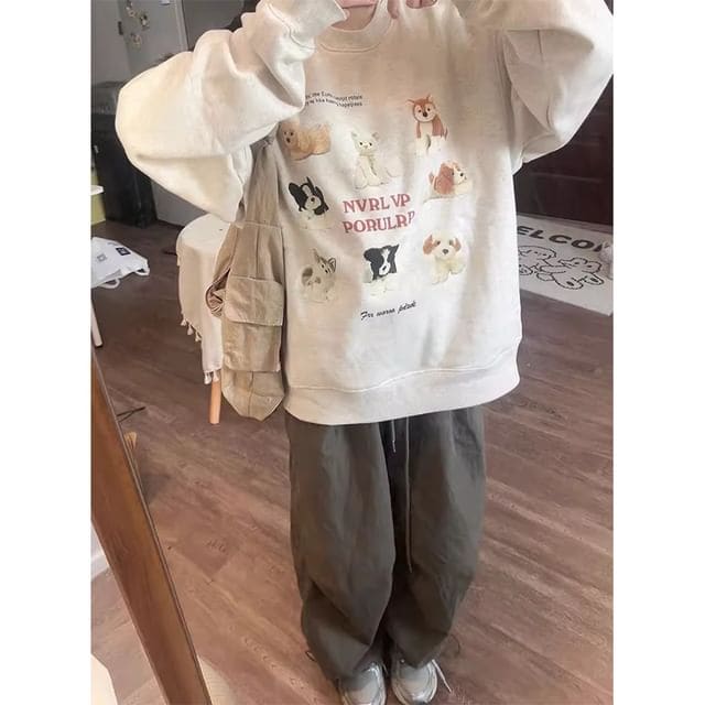 Crew Neck Dog Print Oversized Pullover - Melange White / M