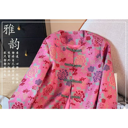 Crew Neck Floral Print Cropped Knot Button Jacket