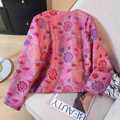 Crew Neck Floral Print Cropped Knot Button Jacket