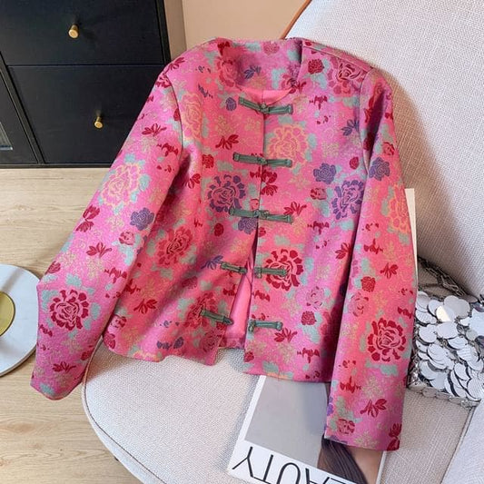 Crew Neck Floral Print Cropped Knot Button Jacket