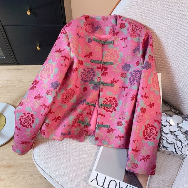 Crew Neck Floral Print Cropped Knot Button Jacket - Floral