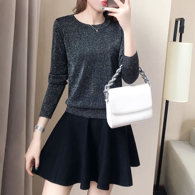 Crew Neck Glitter Sweater / High Waist Plain Mini