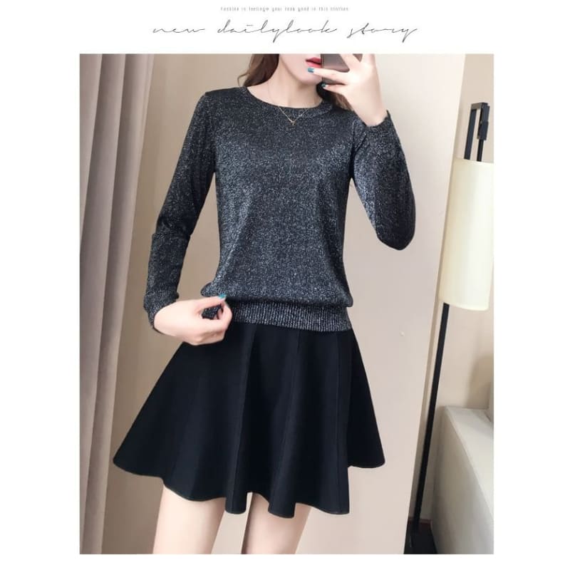 Crew Neck Glitter Sweater / High Waist Plain Mini