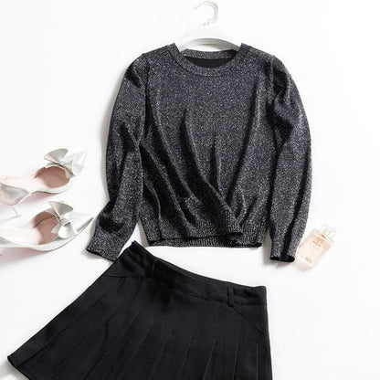 Crew Neck Glitter Sweater / High Waist Plain Mini - Sweater