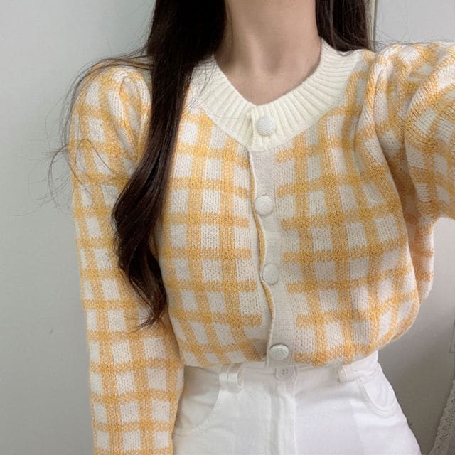 Crew Neck Plaid Cardigan - Plaid - Yellow / One Size