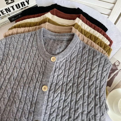 Crew Neck Plain Cable Knit Button Sweater Vest