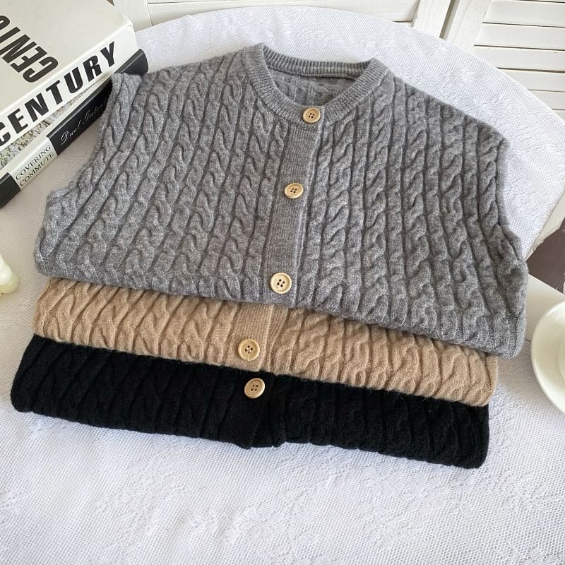 Crew Neck Plain Cable Knit Button Sweater Vest