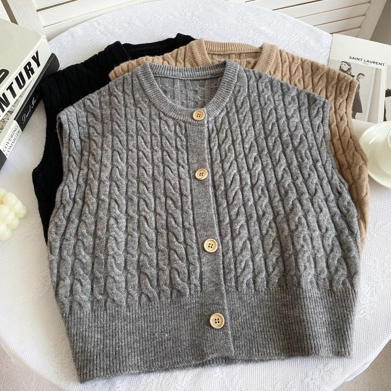 Crew Neck Plain Cable Knit Button Sweater Vest