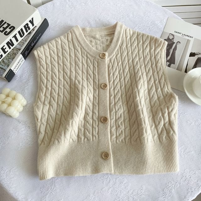 Crew Neck Plain Cable Knit Button Sweater Vest - Almond