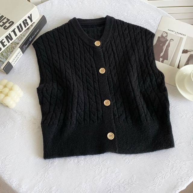 Crew Neck Plain Cable Knit Button Sweater Vest - Black