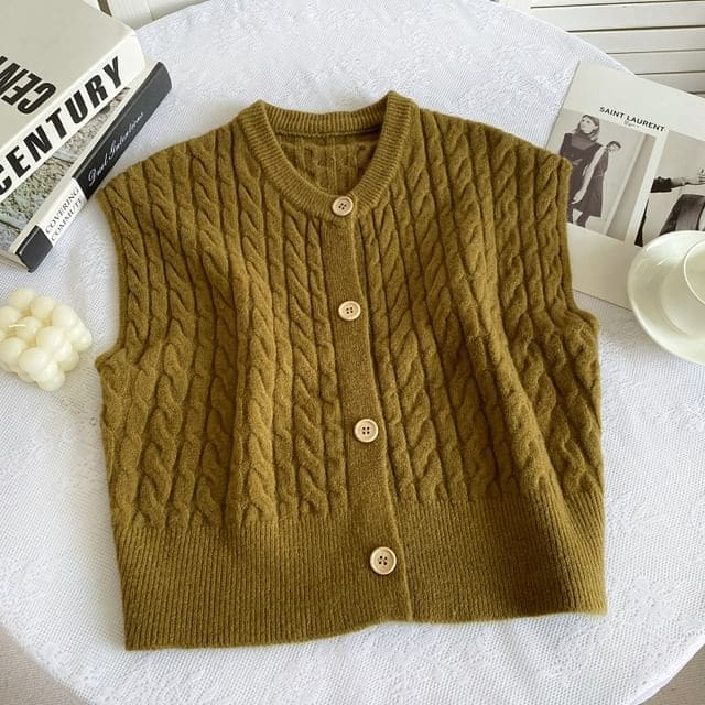 Crew Neck Plain Cable Knit Button Sweater Vest - Brownish