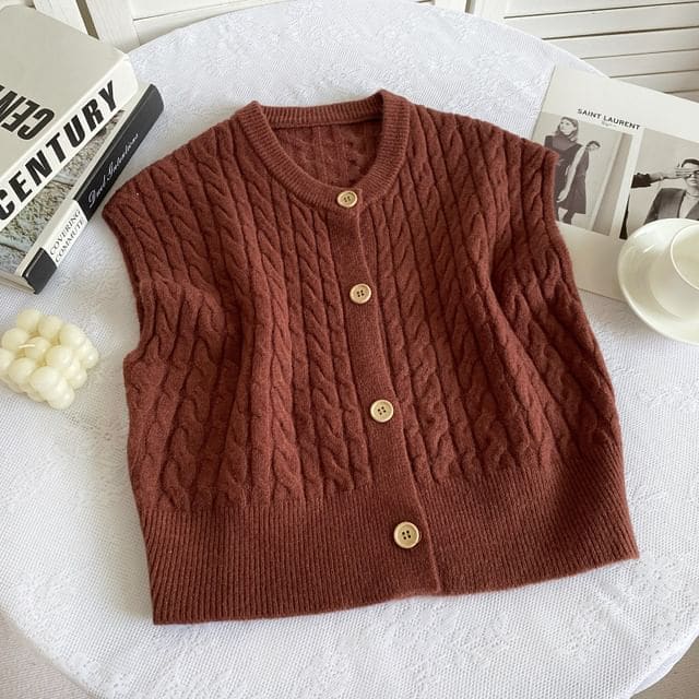 Crew Neck Plain Cable Knit Button Sweater Vest - Coffee