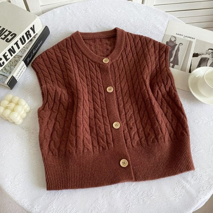 Crew Neck Plain Cable Knit Button Sweater Vest - Coffee