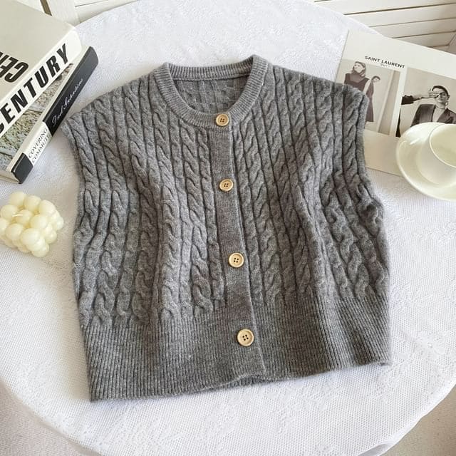 Crew Neck Plain Cable Knit Button Sweater Vest - Gray