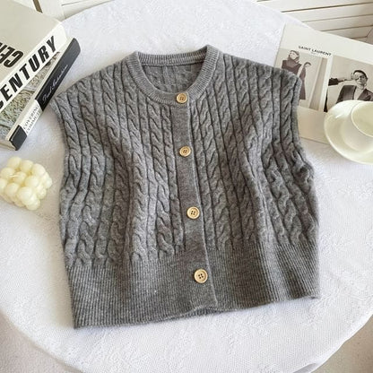 Crew Neck Plain Cable Knit Button Sweater Vest - Gray