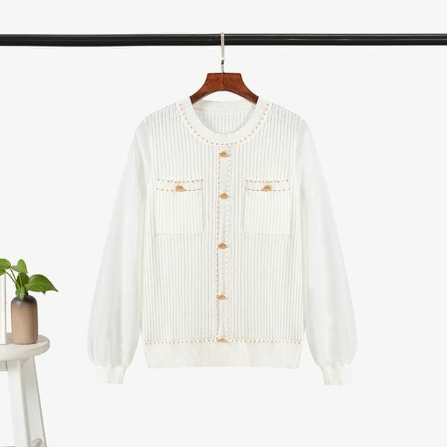 Crew Neck Plain Chiffon Panel Sweater - Sweater - White / S