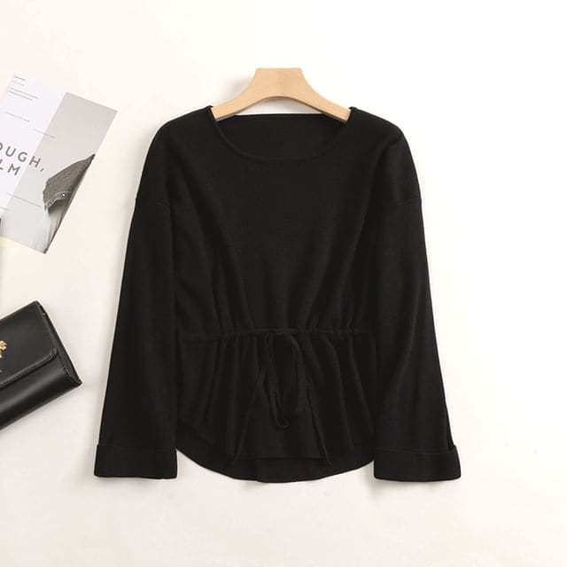 Crew Neck Plain Peplum Sweater - Sweater - Black / S