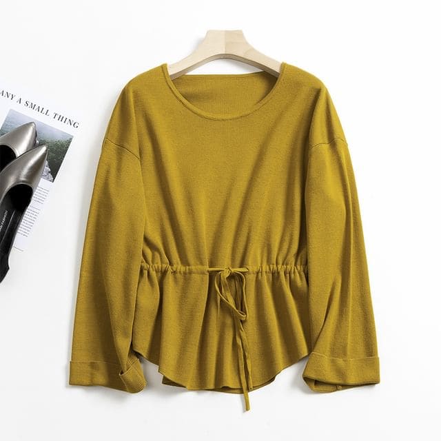 Crew Neck Plain Peplum Sweater - Sweater - Curcumin / S