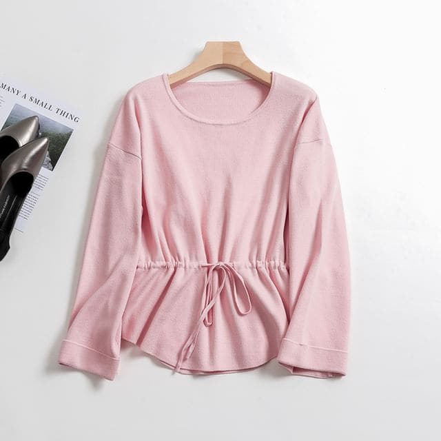 Crew Neck Plain Peplum Sweater - Sweater - Pink / S