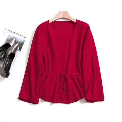 Crew Neck Plain Peplum Sweater - Sweater - Red / S