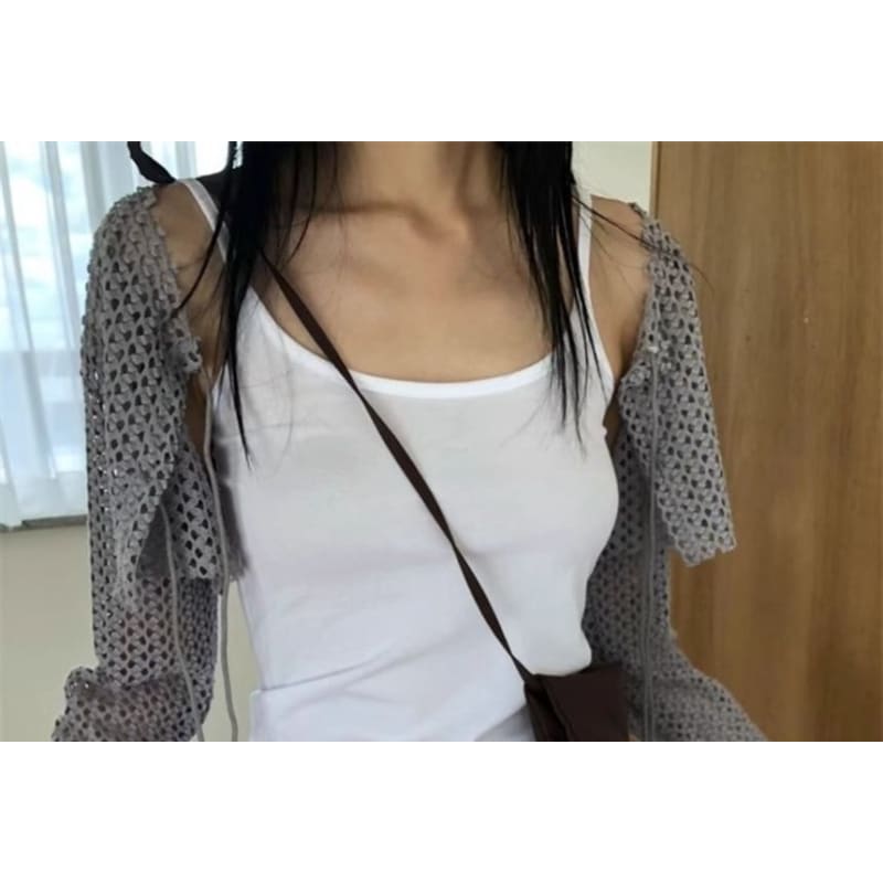 Crew Neck Plain Perforated Tie Front Crop Cardigan