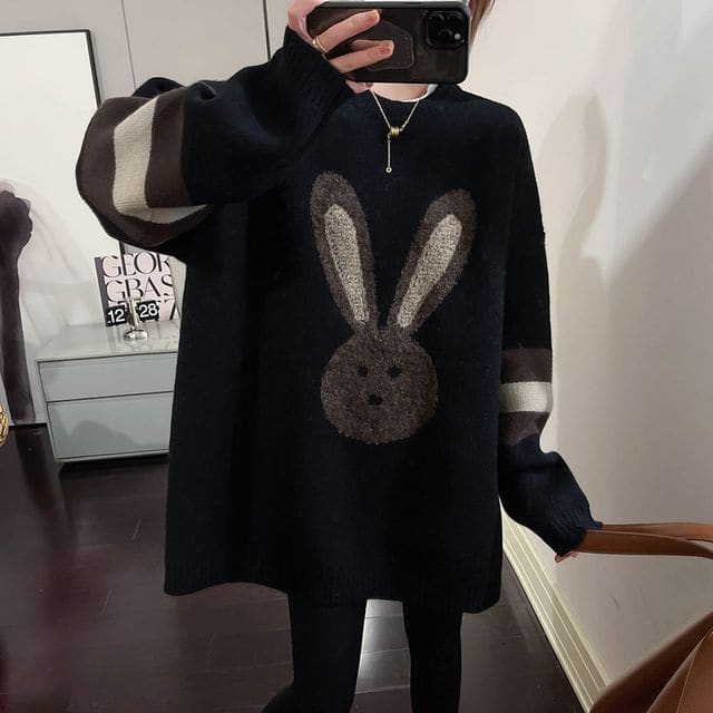 Crew Neck Rabbit Embroidered Sweater