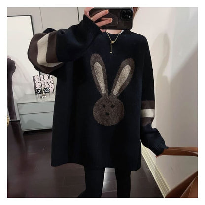 Crew Neck Rabbit Embroidered Sweater