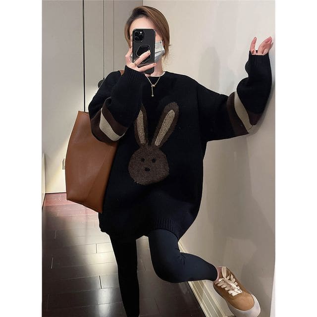 Crew Neck Rabbit Embroidered Sweater - Black / One Size