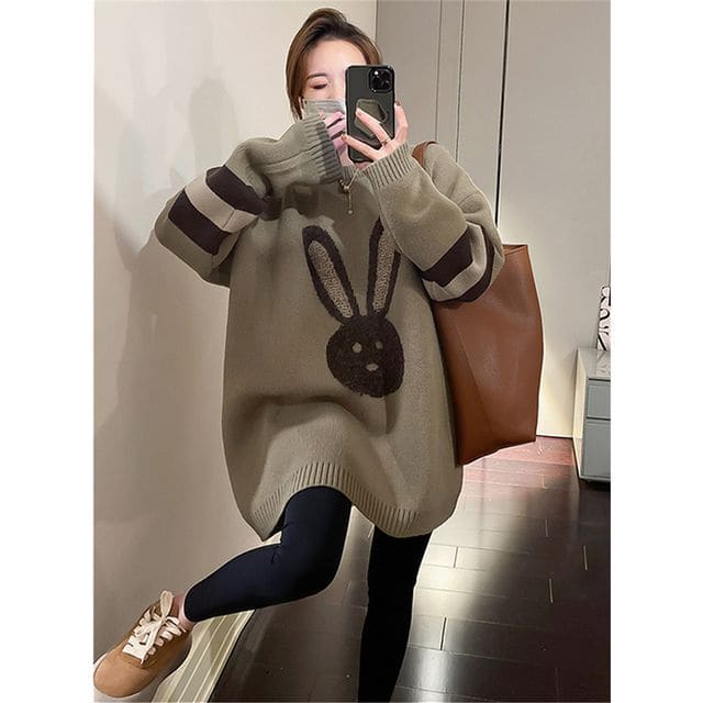 Crew Neck Rabbit Embroidered Sweater - Khaki / One Size