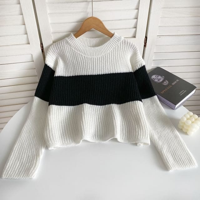 Crew Neck Two Tone Sweater - White / One Size