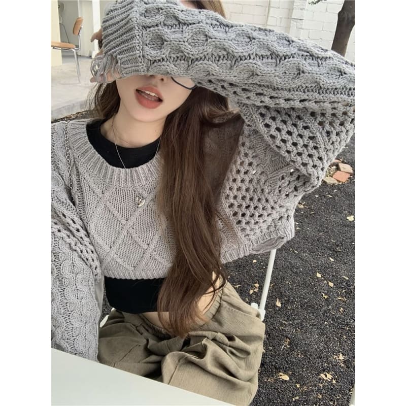 Crewneck Cable Knit Plain Crop Sweater