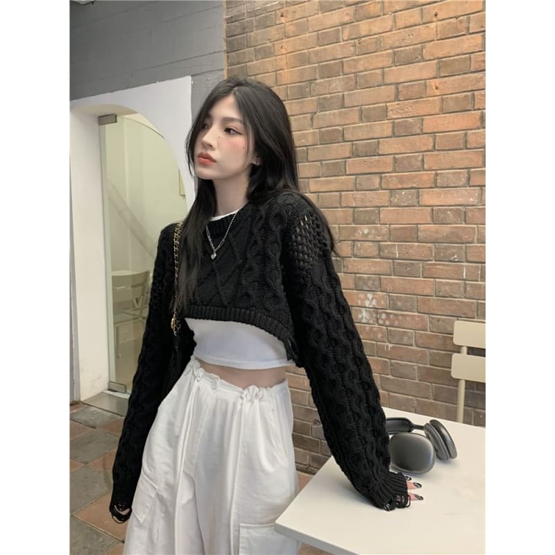 Crewneck Cable Knit Plain Crop Sweater