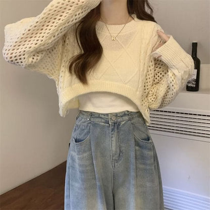 Crewneck Cable Knit Plain Crop Sweater - Almond / One Size