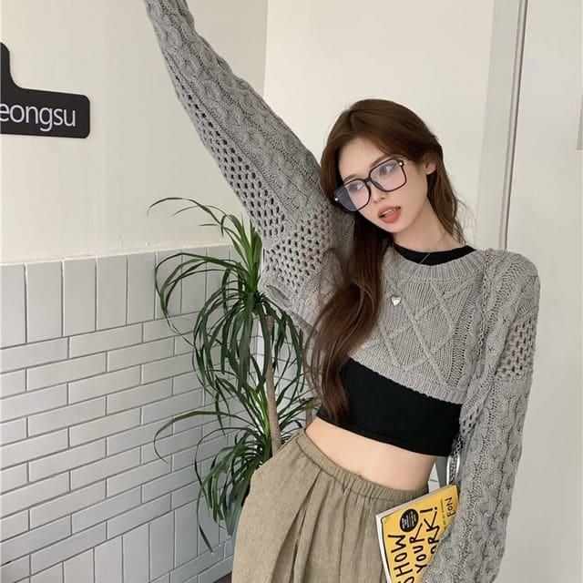 Crewneck Cable Knit Plain Crop Sweater - Gray / One Size