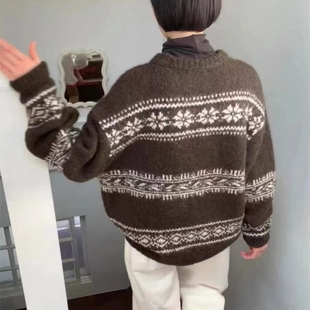 Crewneck Christmas Printed Oversize Sweater - Coffee