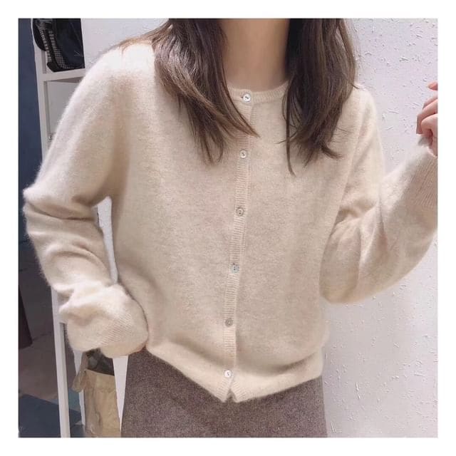 Crewneck Plain Cardigan - Almond / One Size