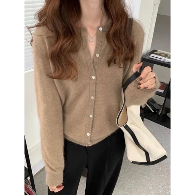 Crewneck Plain Cardigan - Khaki / One Size