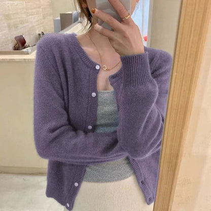 Crewneck Plain Cardigan - Purple / One Size