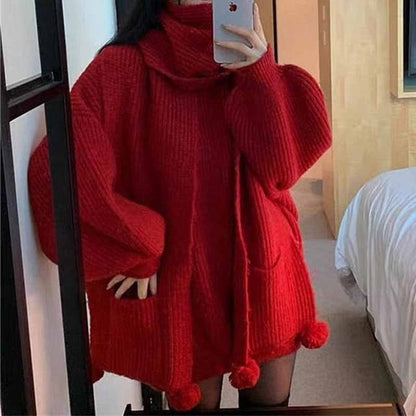 Crewneck Plain Oversize Sweater - Red / One Size