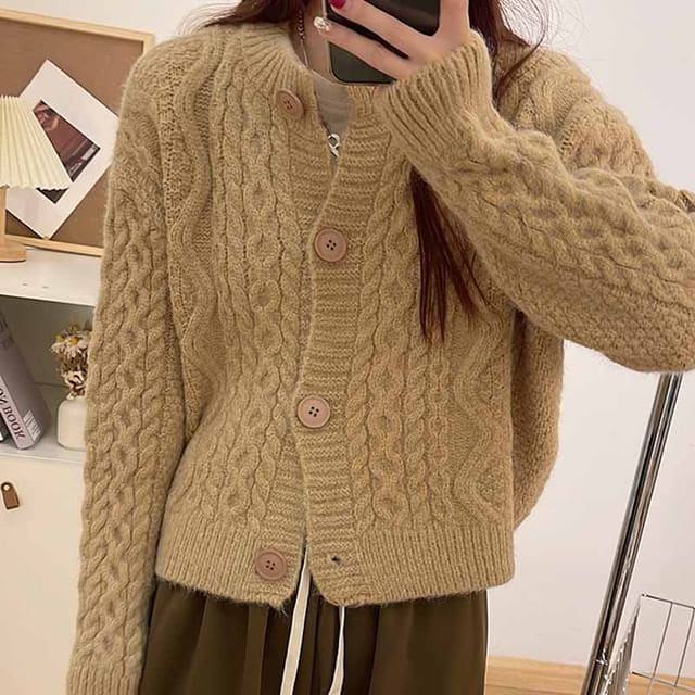 Crewneck Plain Ribbed Oversize Cardigan - Khaki / One Size